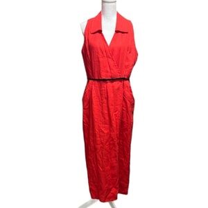 LINEN Vintage wrap dress sleeveless red orange color midi size 12